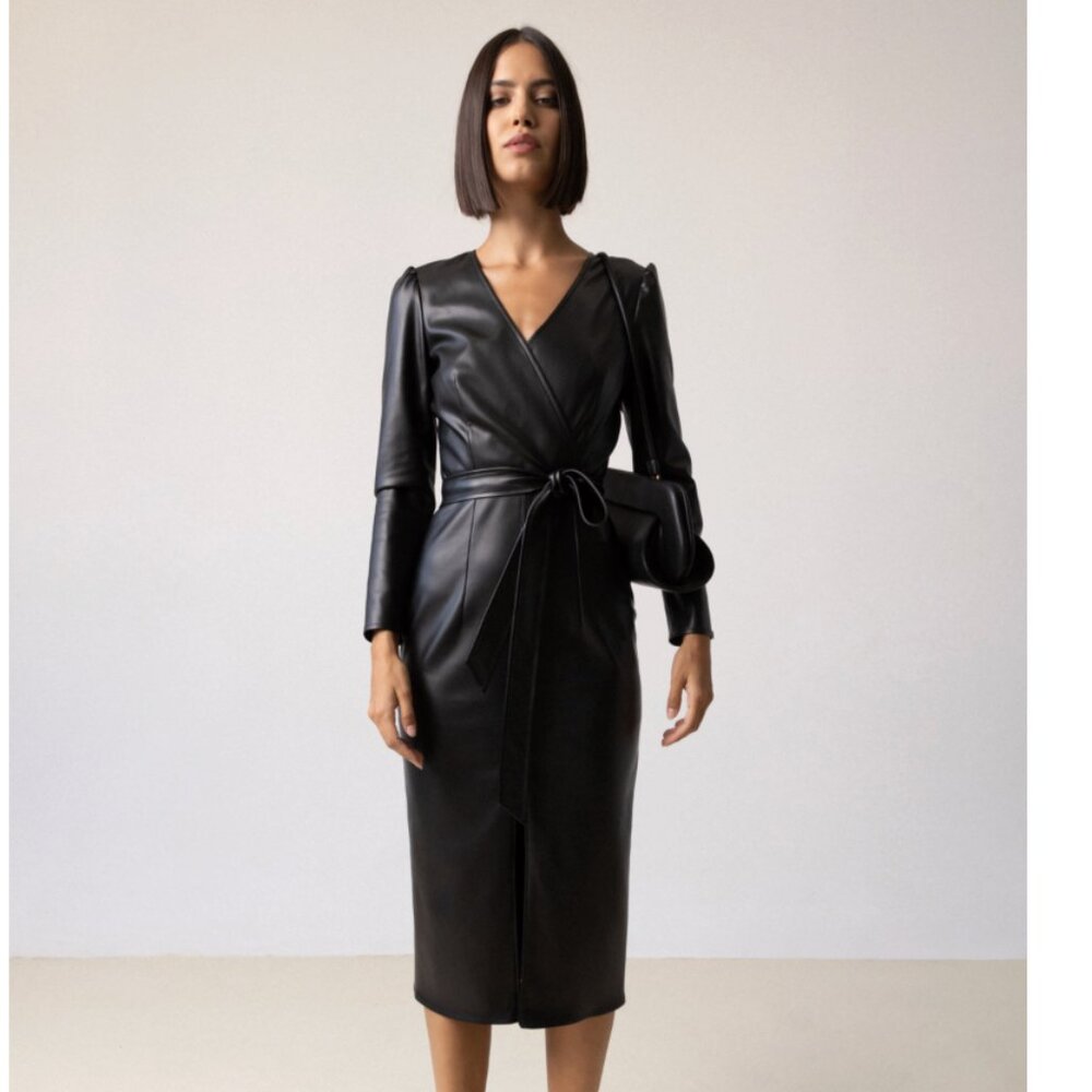 Nissa V-Neck Black Faux Leather Dress (L) NWT